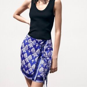 Zara Royal Blue White Patterned Wrap Mini Skirt Swim Sarong Floral Tie Small